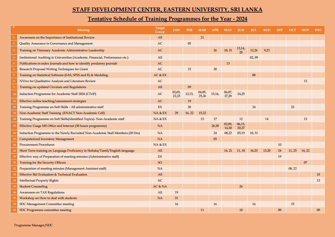 Schedules Eastern University Sri Lanka
